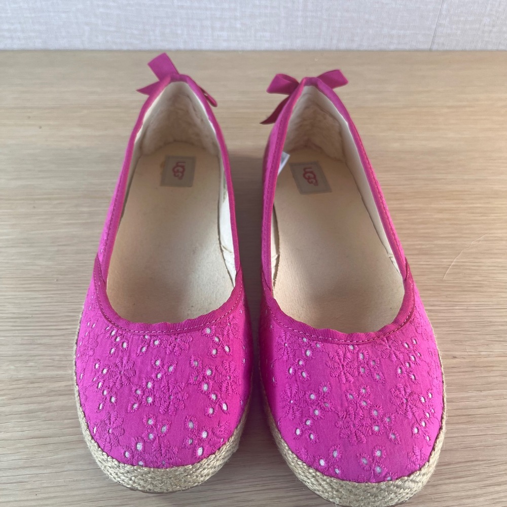 UGG Indah Ballet Flats Pink Eyelet Espadrille Bow Slip On Shoes Women's 6 - Picture 3 of 11